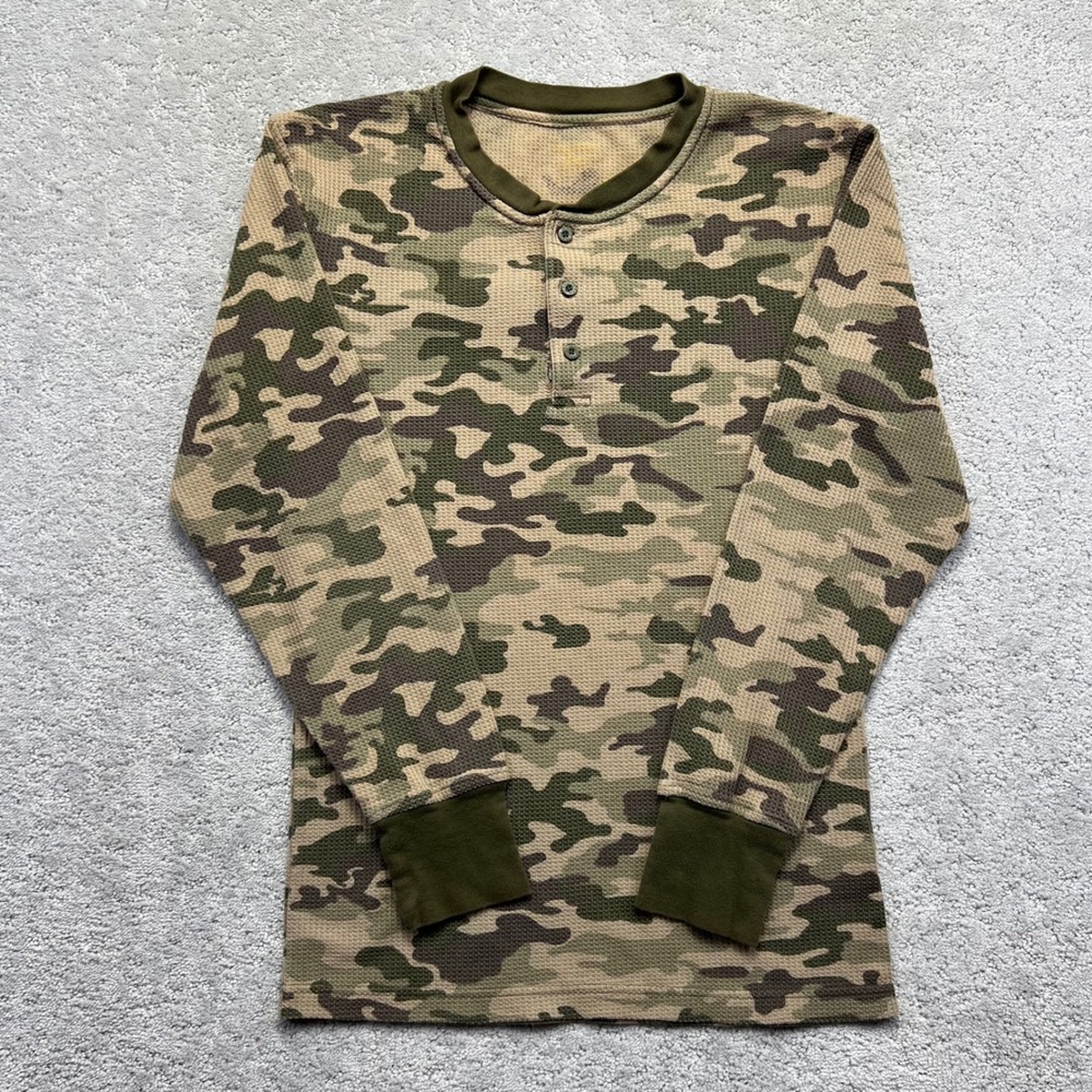 Joe Boxer Thermal Shirt Mens M Camo Waffle Knit Henley Long Sleeve Green Brown